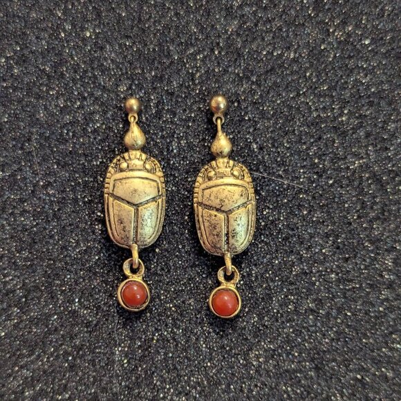 Scarab Beetle Carnelian Egyptian Earrings Art Deco Victorian Vintage Boho Post - Picture 4 of 4